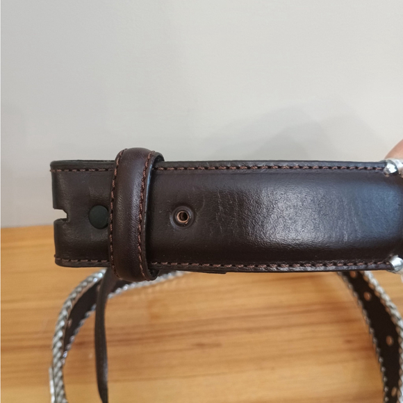 Western Brown Leather Scalloped Belt W/ Silver Conchos Braided Edge Mens 46 - Picture 8 of 10